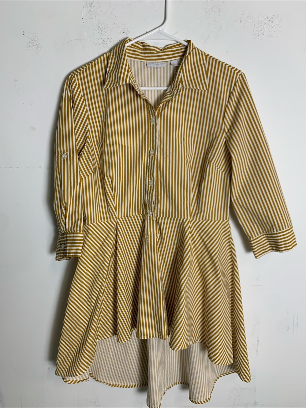 New York & Company Yellow and White Striped Button Front Top